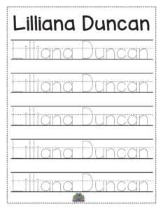 Werkblad voor kinderen om de naam Lilliana Duncan te oefenen door overtrekken en schrijven.