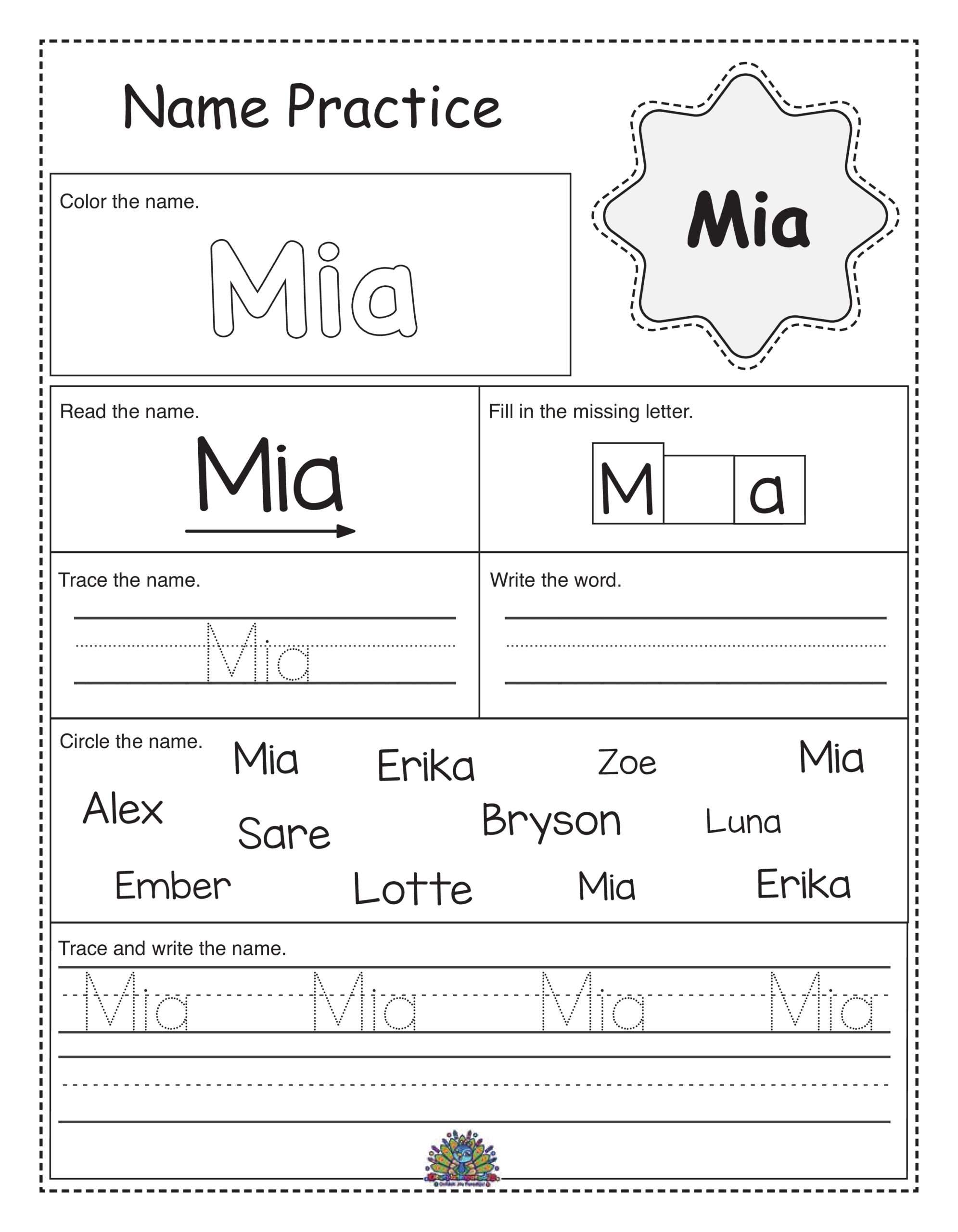 Gratis werkblad om de naam Mia te leren schrijven. Kinderen oefenen met lezen, overtrekken en schrijven.