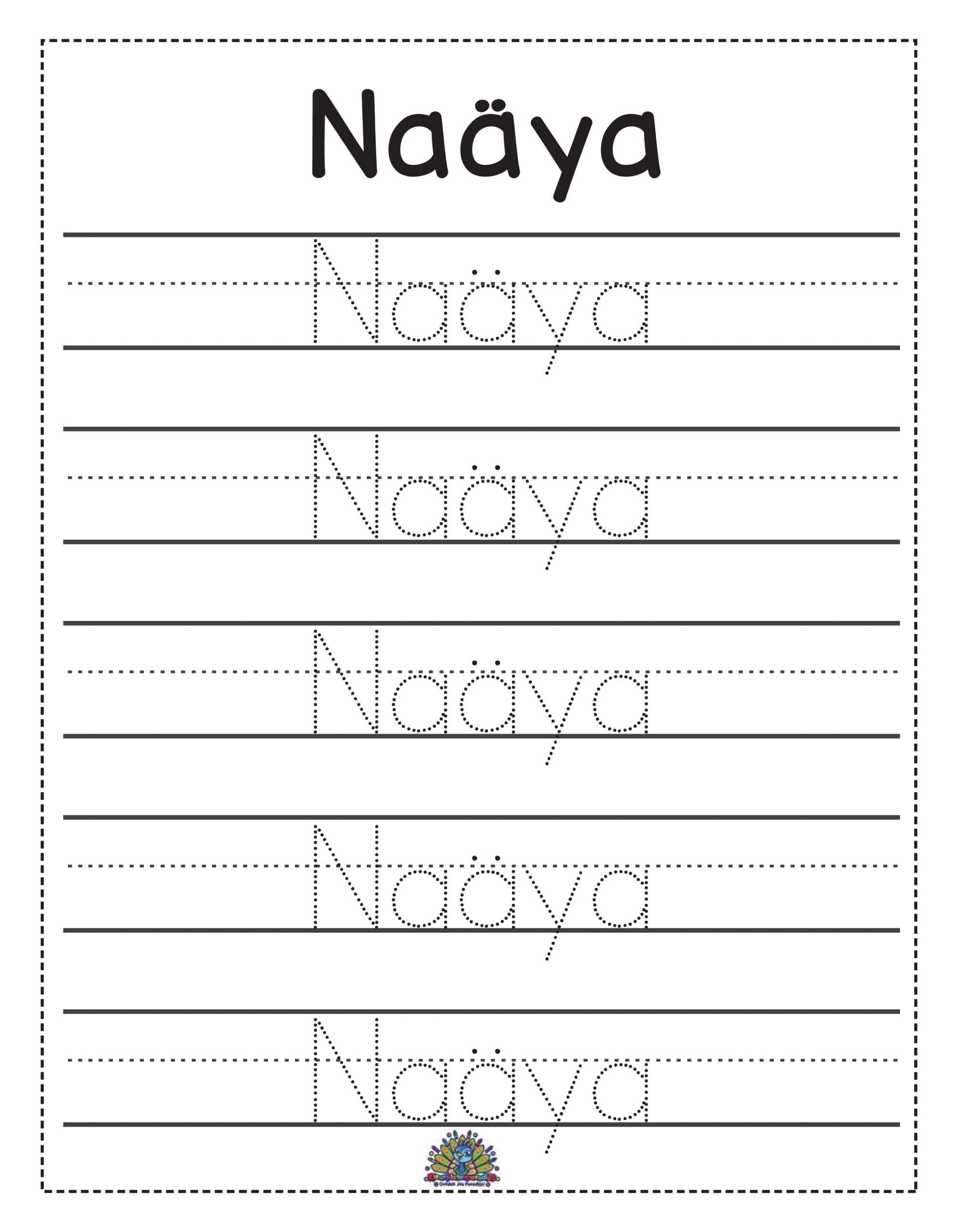 Schrijf- en oefenblad om de naam Naäya te leren schrijven