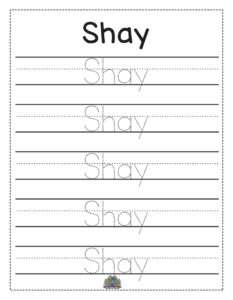 Werkblad naam Shay – leren schrijven en letters oefenen
