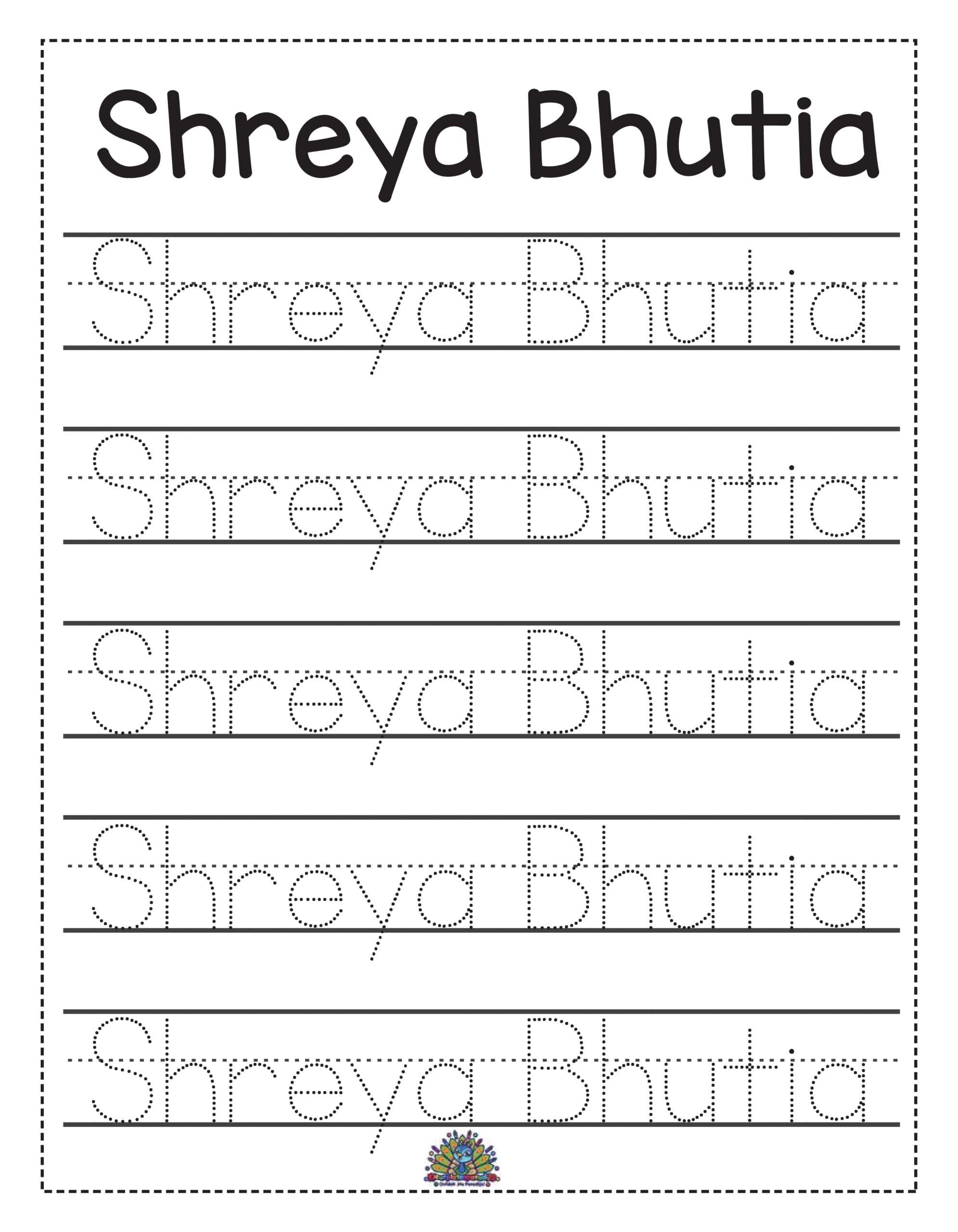 Werkblad naam Shreya Bhutia schrijven – oefenen met stippellijnen