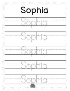 Werkblad naam Sophia – leren schrijven met stippellijnen