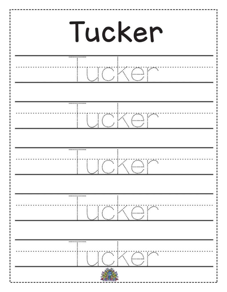 Werkblad voor kinderen om de naam Tucker te oefenen door overtrekken en schrijven.