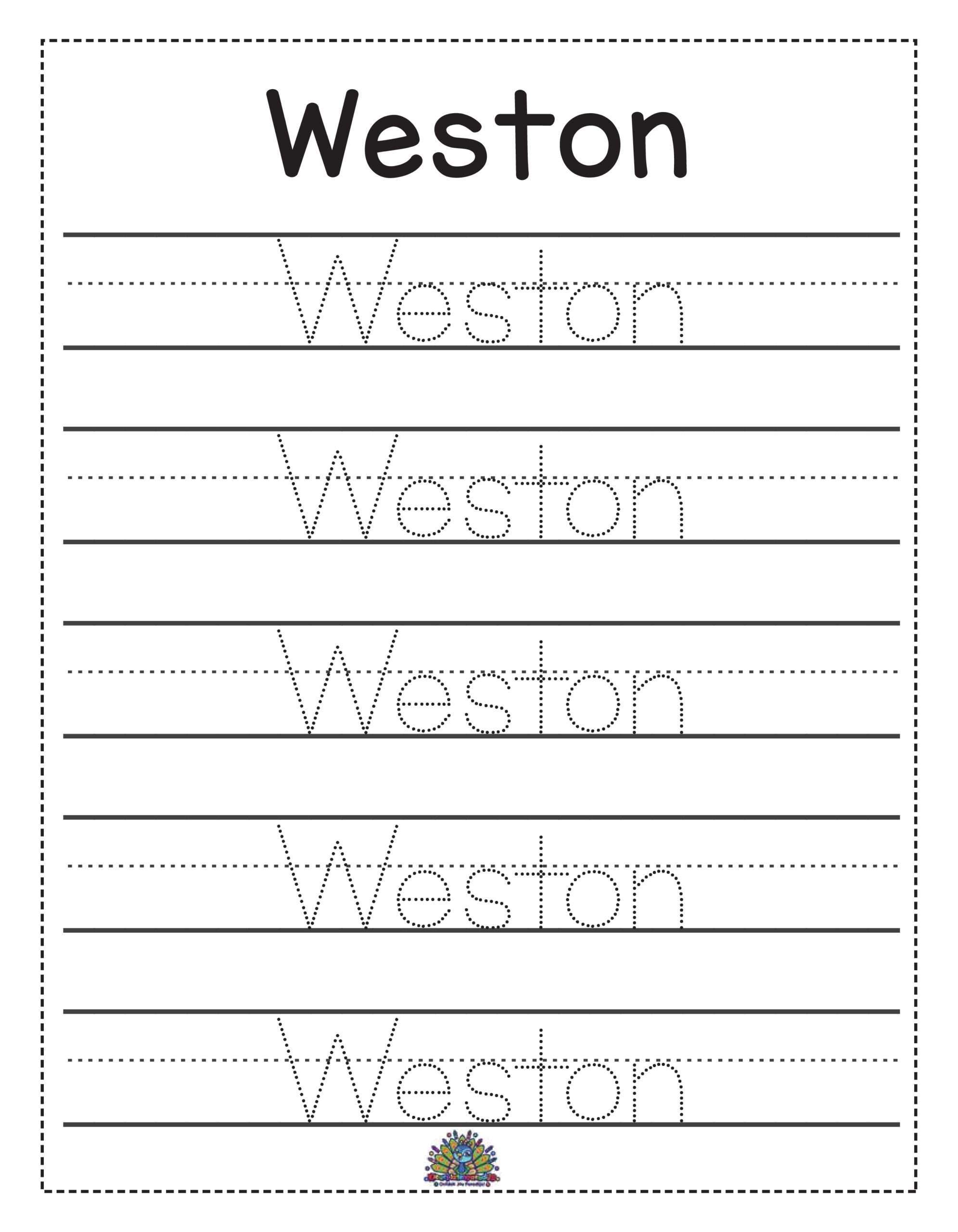 Werkblad voor kinderen om de naam Weston te oefenen door overtrekken en schrijven.