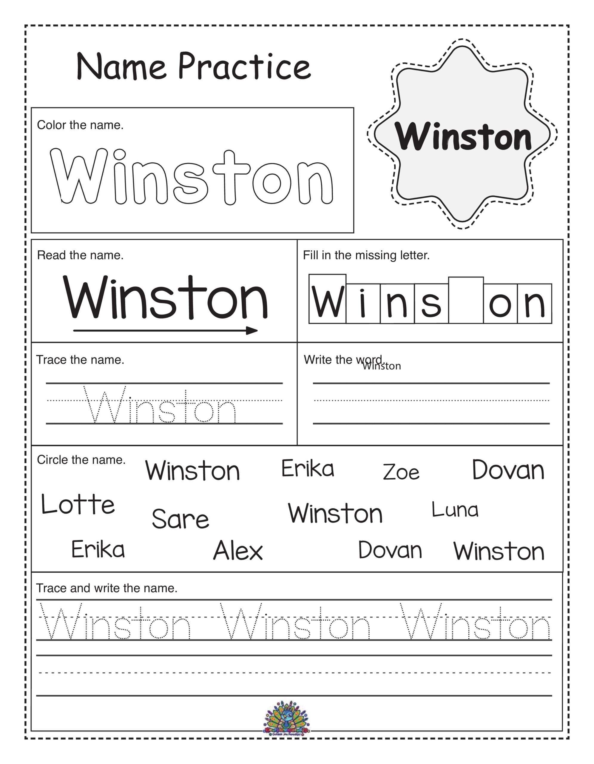 Werkblad voor kinderen om de naam Winston te leren schrijven en herkennen. Inclusief lees-, schrijf- en kleuractiviteiten.