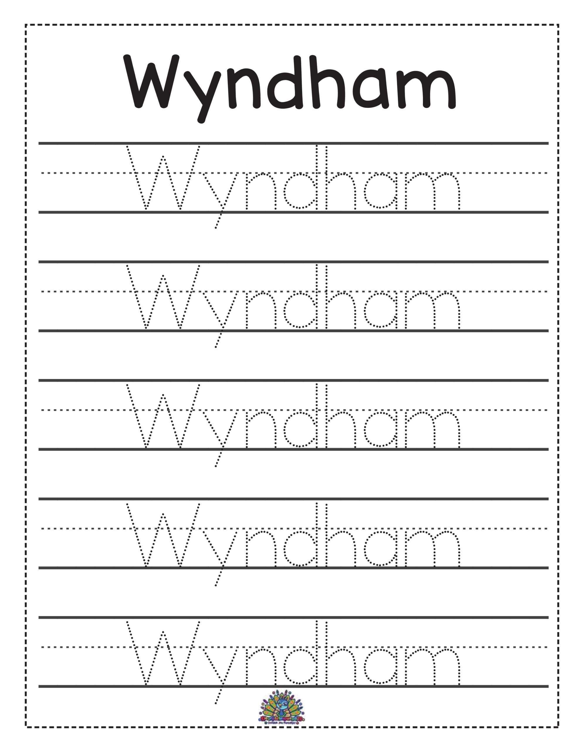 Werkblad voor kinderen om de naam Wyndham te oefenen door overtrekken en schrijven.