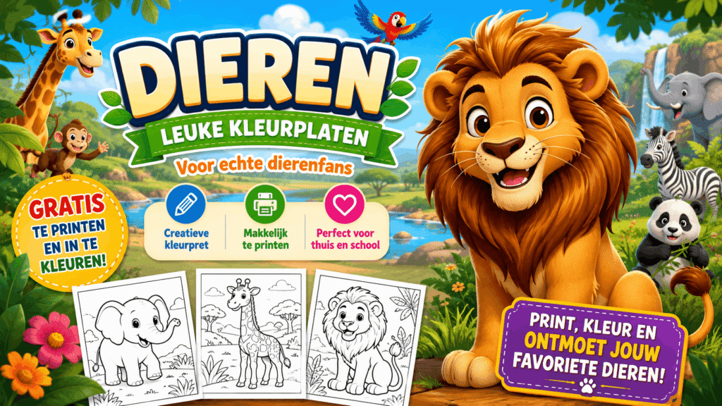 Dieren kleurplaten banner met leeuw, giraffe, olifant, zebra, panda en aap – gratis dieren kleurplaten om te printen en in te kleuren voor kinderen.