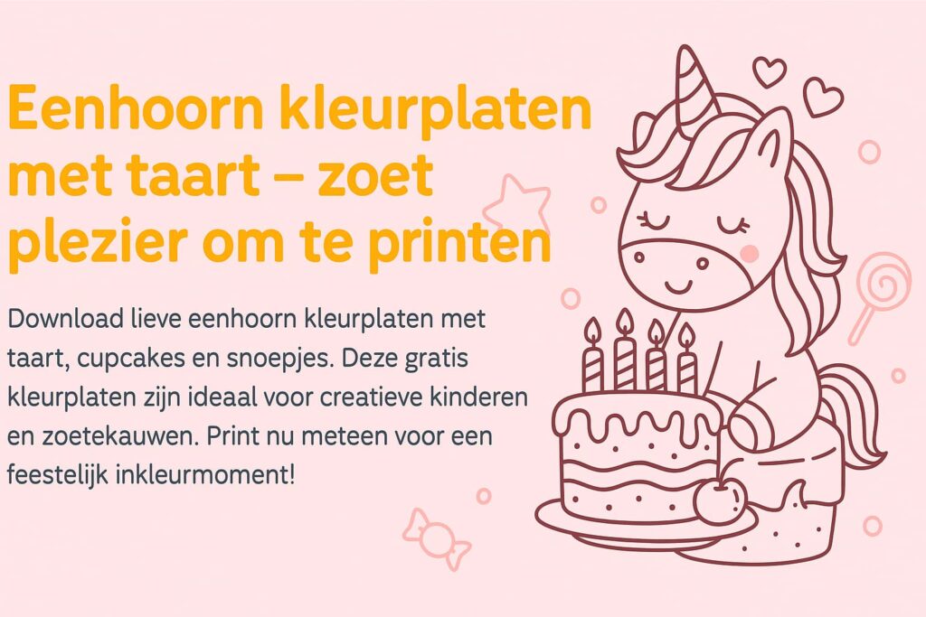 Kleurplaat van eenhoorn met verjaardagstaart om te printen