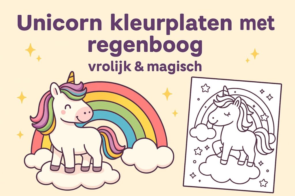 Unicorn kleurplaat met regenboog – vrolijk en magisch