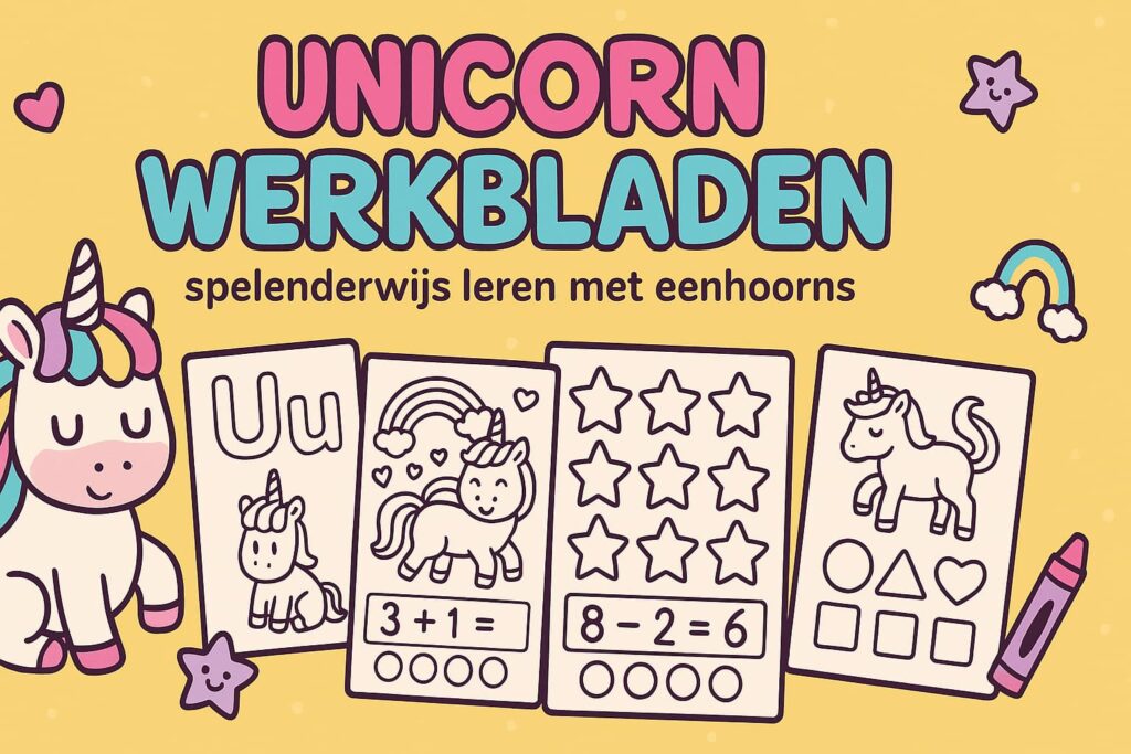 Werkblad met unicorn – oefenblad voor kinderen met cijfers, letters en vormen