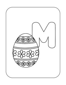 Gratis kleurplaat van de letter M met een vrolijk paasei vol bloemen – ideaal voor Pasen en letterherkenning