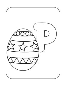 Gratis kleurplaat van de letter P met een paasei vol sterren en patronen – ideaal voor Pasen en het leren van het alfabet
