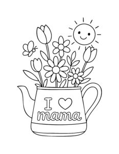 Kleurplaat van een bloemenkrans in een theepot met de tekst 'I love mama' en een vrolijk zonnetje.