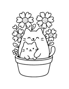 Kleurplaat van twee schattige katten in een bloemenpot omringd door bloemen en hartjes