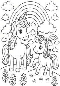 Gratis kleurplaat van twee eenhoorns onder een regenboog met wolkjes en bloemen – perfect voor jonge fantasieliefhebbers