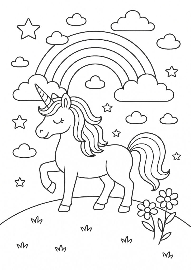 Gratis kleurplaat van een eenhoorn met regenboog en sterren – perfect voor kinderen die houden van magie en fantasie