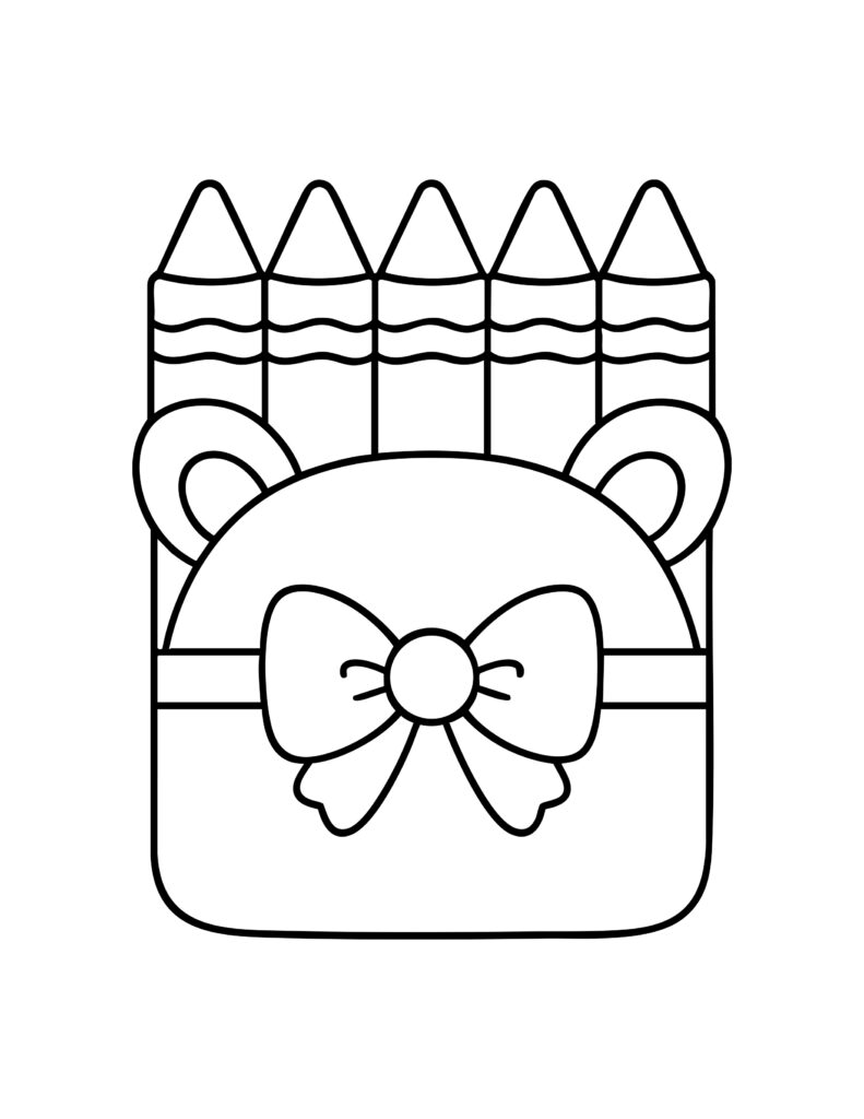 Gratis kleurplaat van een etui met een strik, berenoortjes en vijf kleurpotloden