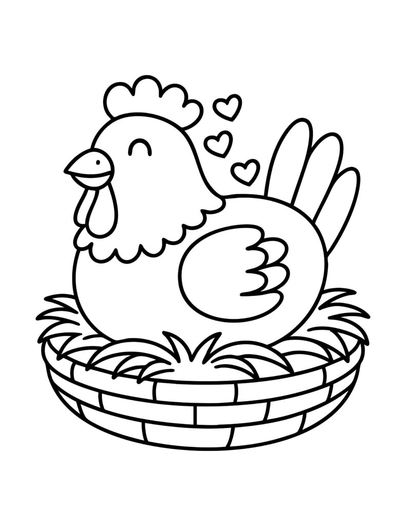 Gratis kleurplaat van een blije kip op een nest met hartjes – ideaal voor boerderij- of lentethema's