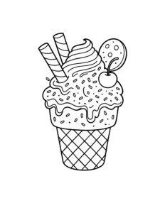 Gratis kleurplaat van een ijshoorntje met slagroom, kers, koekje en sprinkles – perfect voor zomerse kleurpret