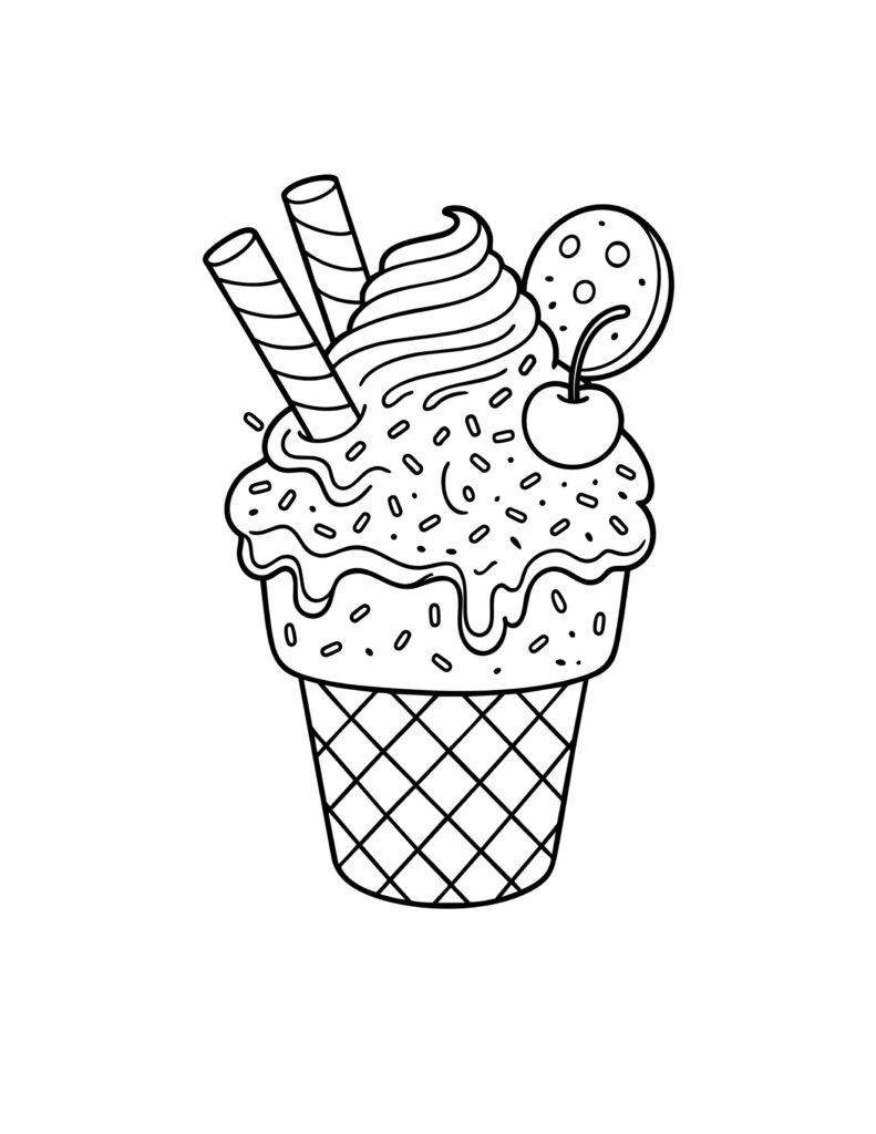 Gratis kleurplaat van een ijshoorntje met slagroom, kers, koekje en sprinkles – perfect voor zomerse kleurpret