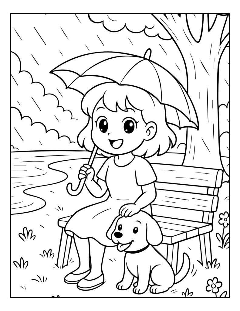 Gratis kleurplaat van een meisje met paraplu op een bankje in de regen met een vrolijk hondje
