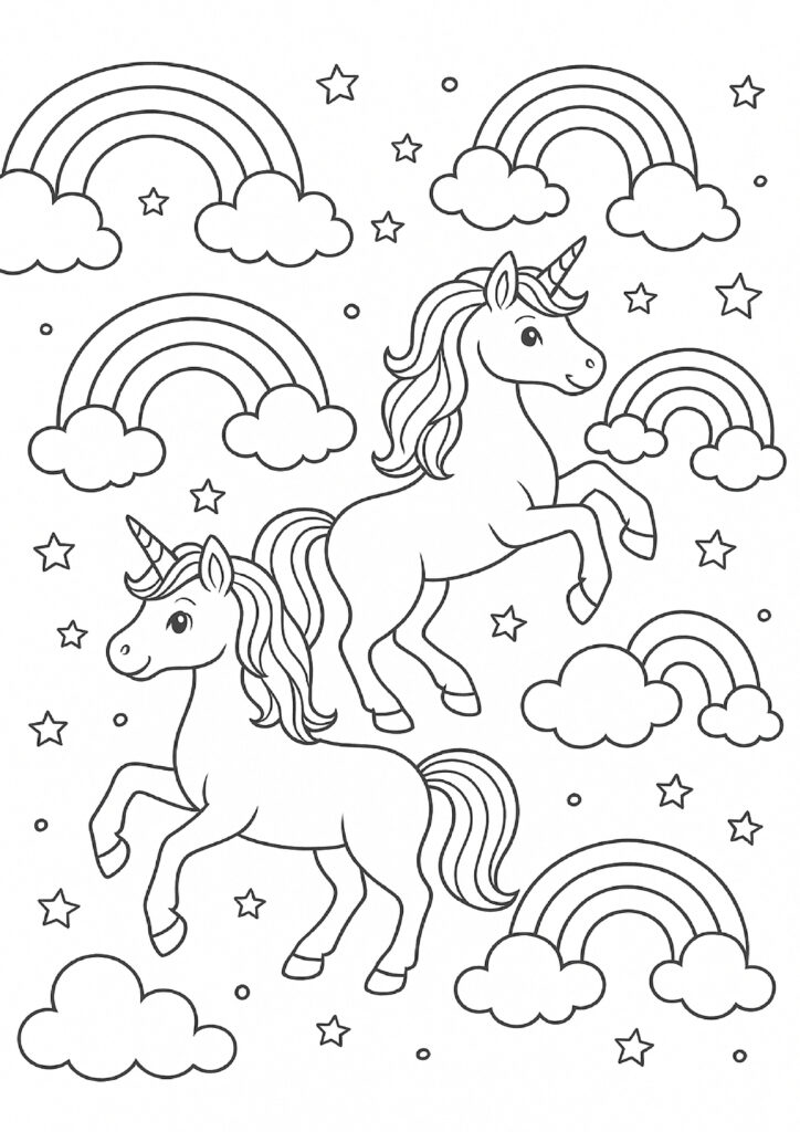 Twee eenhoorns omringd door regenbogen, sterren en wolken – fantasierijke kleurplaat