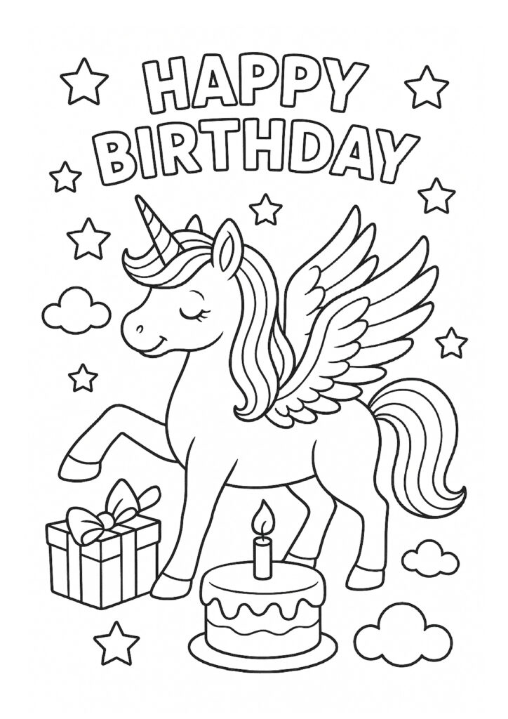 Gevleugelde eenhoorn met cadeau en verjaardagstaart onder “Happy Birthday”-tekst om in te kleuren