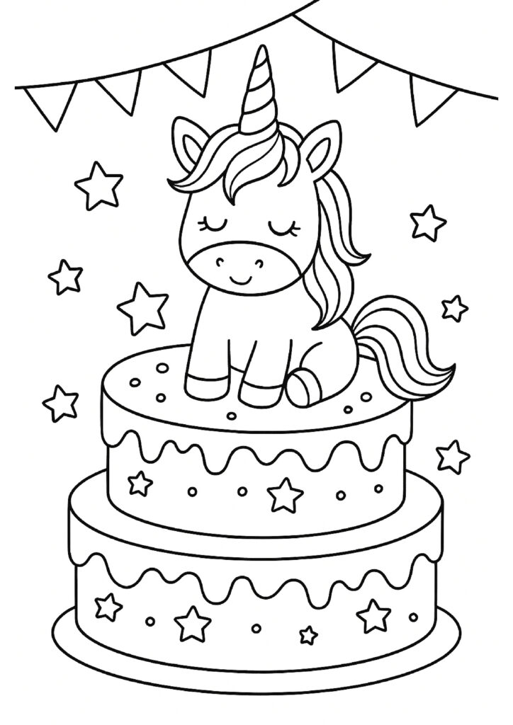 Gratis kleurplaat van een eenhoorn op een feestelijke taart met sterren en slingers