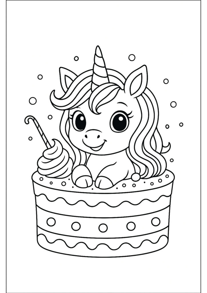 Lieve eenhoorn zit vrolijk in een verjaardagstaart met decoratie