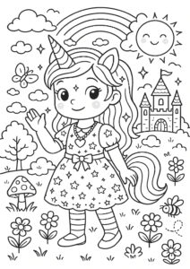 Kleurplaat van een meisje in een eenhoornjurk met regenboog en kasteel