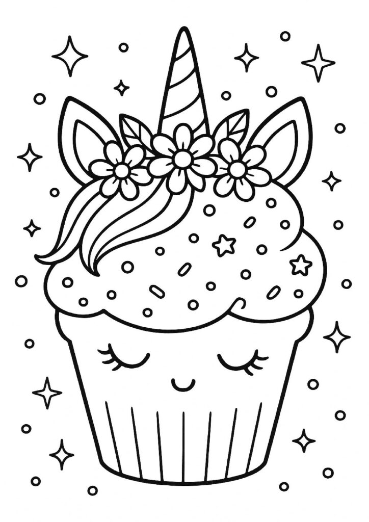 Cupcake met eenhoornhoorn, bloemen, oortjes en sprinkles om in te kleuren