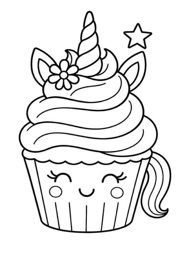 Schattige cupcake met eenhoornhoorn, oortjes en bloemen