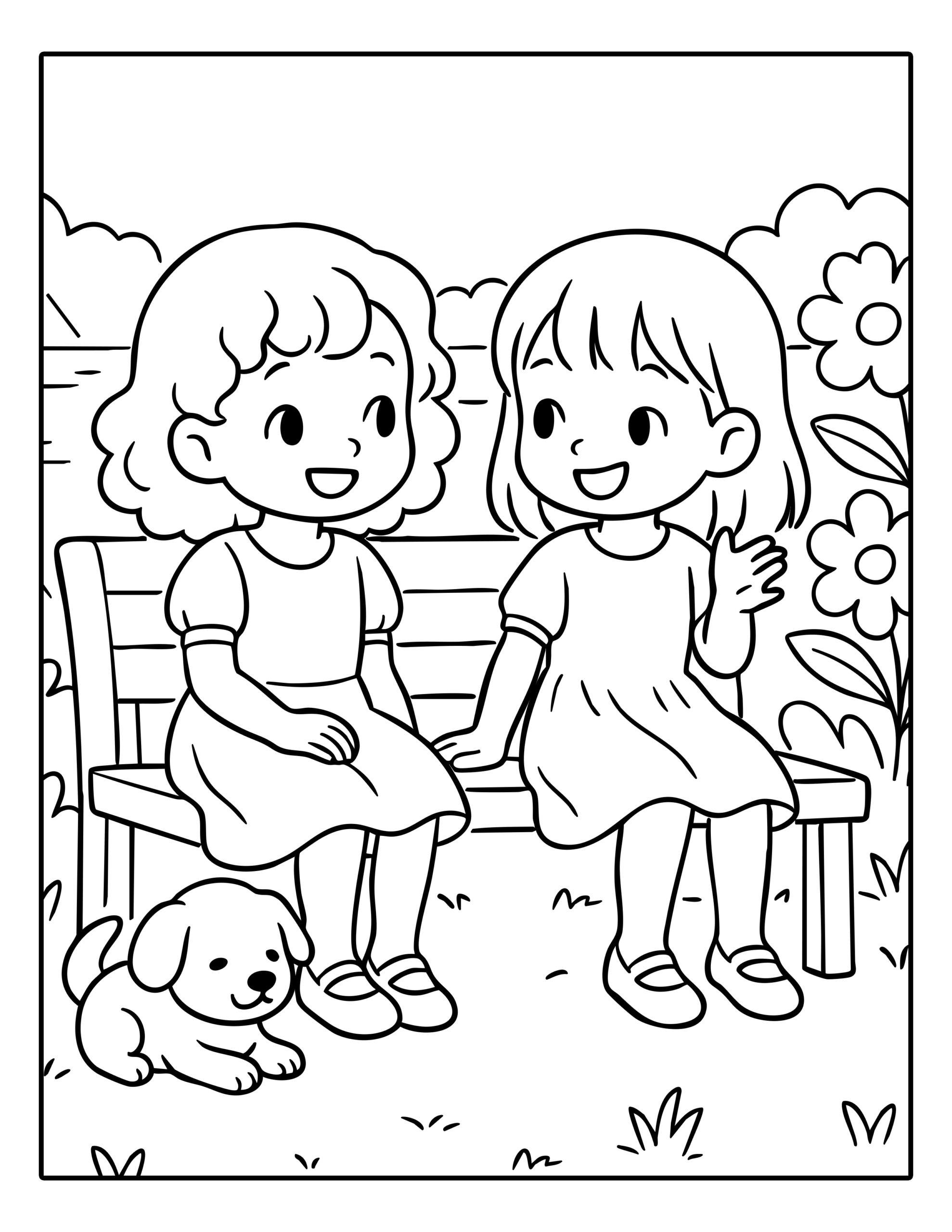 Gratis kleurplaat van twee meisjes die praten op een bankje met een hondje erbij in het park