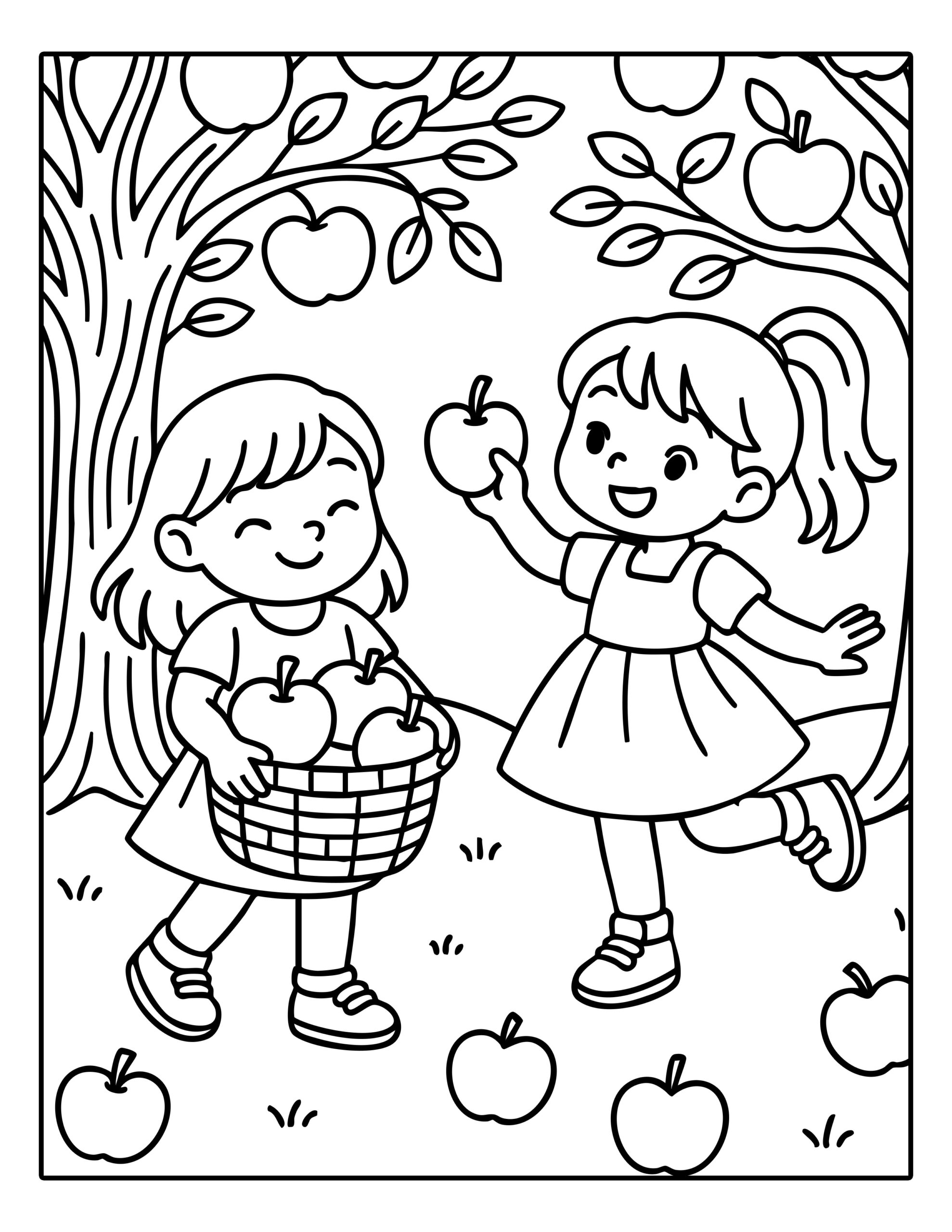 Gratis kleurplaat van twee meisjes die appels plukken in een boomgaard