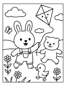 Gratis kleurplaat van konijn, beer en eendje die samen buitenspelen met een vlieger