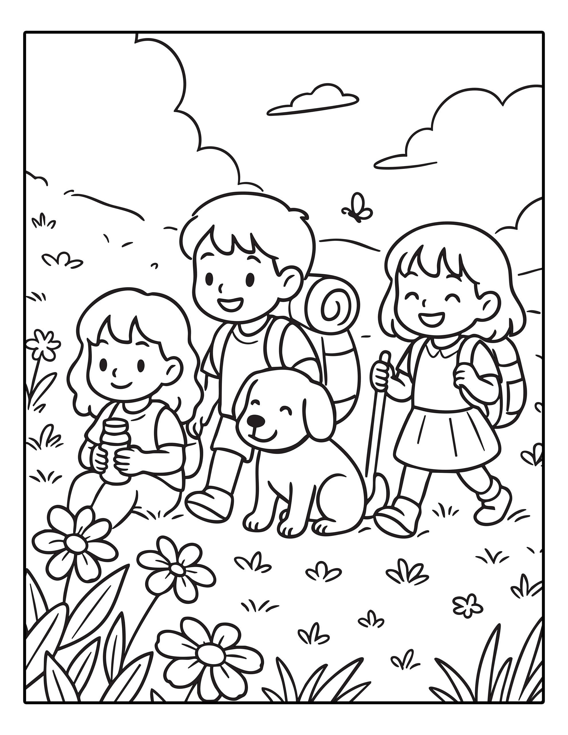 Gratis kleurplaat van kinderen die met een hond wandelen in een bloemenveld