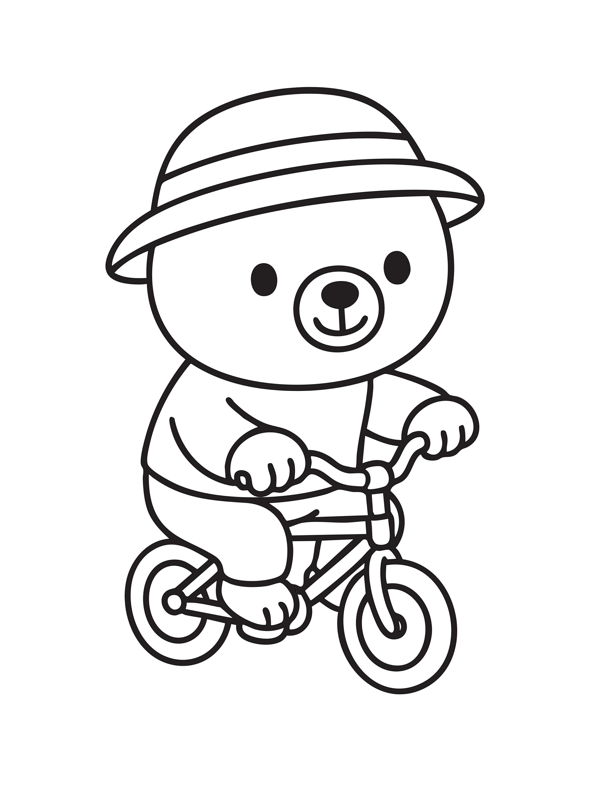 Gratis kleurplaat van een schattige beer met hoedje die fietst op een kleine fiets