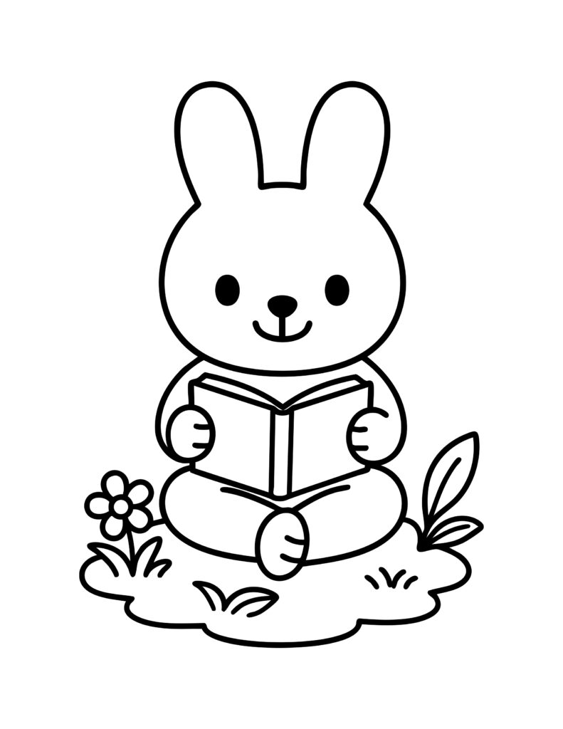 Gratis kleurplaat van een schattig konijn dat een boek leest in het gras