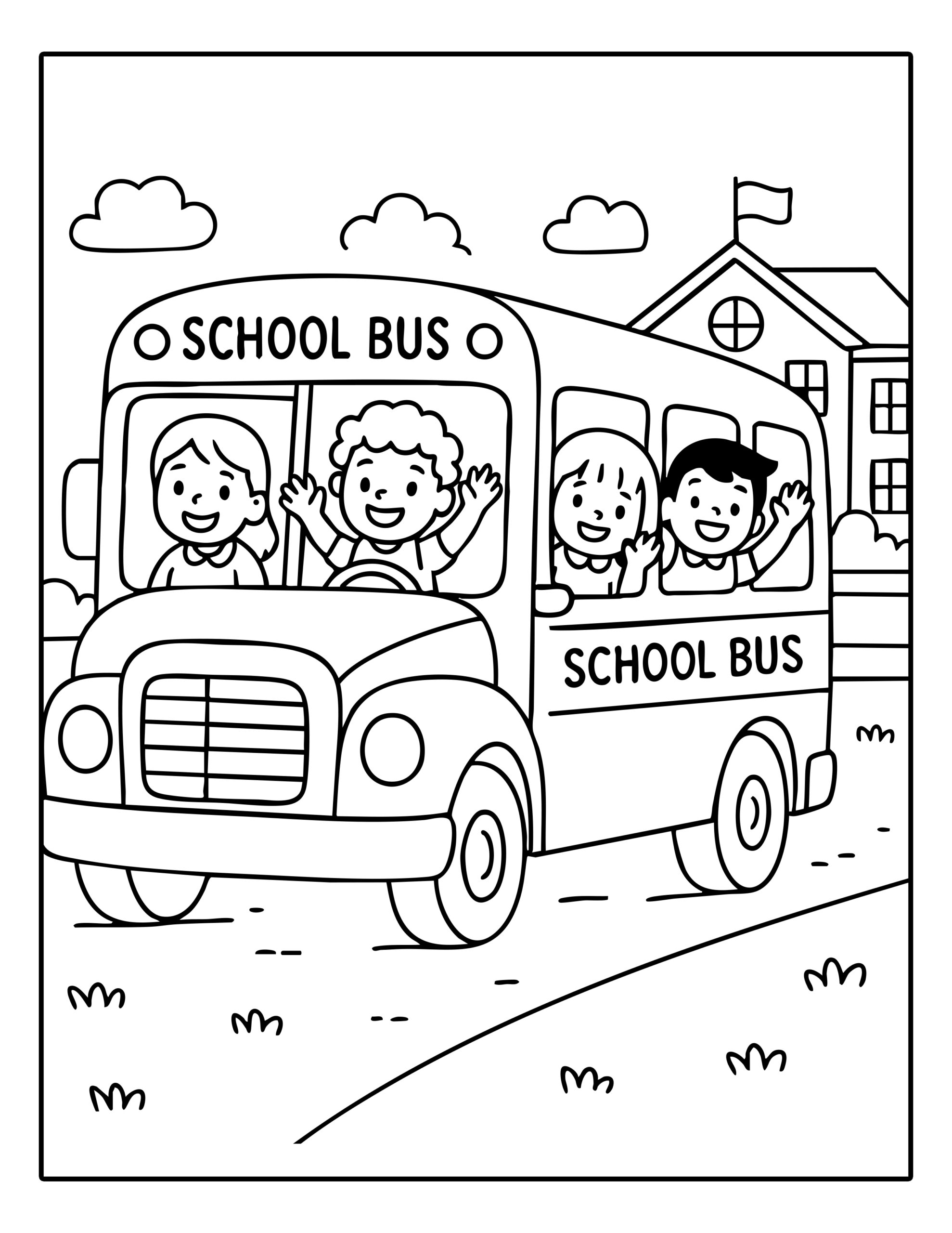Kleurplaat van een schoolbus met lachende kinderen die naar school gaan
