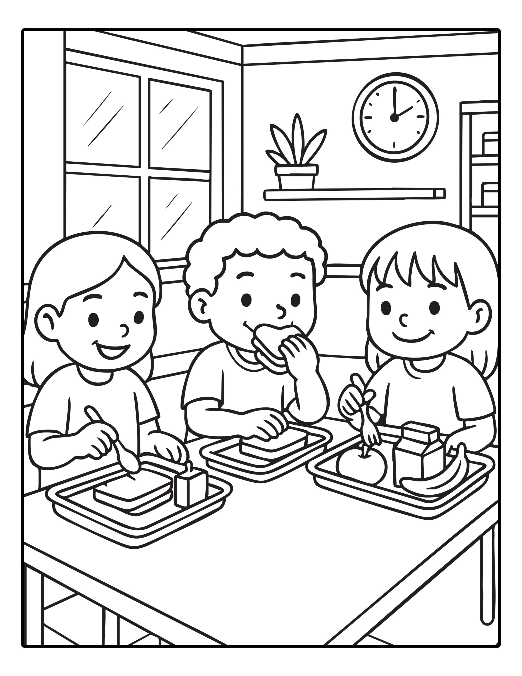 Kleurplaat van drie kinderen die aan tafel lunchen in de schoolkantine