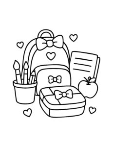Kleurplaat van schoolspullen met rugzak, etui, appel, potloden en lunchbox