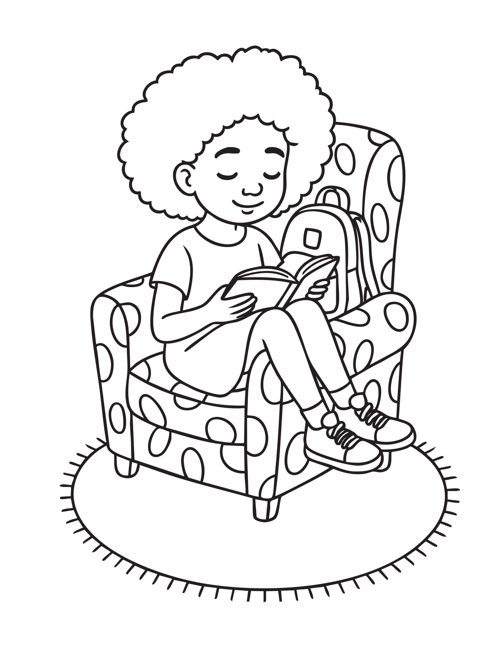 Kleurplaat van een meisje dat een boek leest in een fauteuil met rugzak ernaast