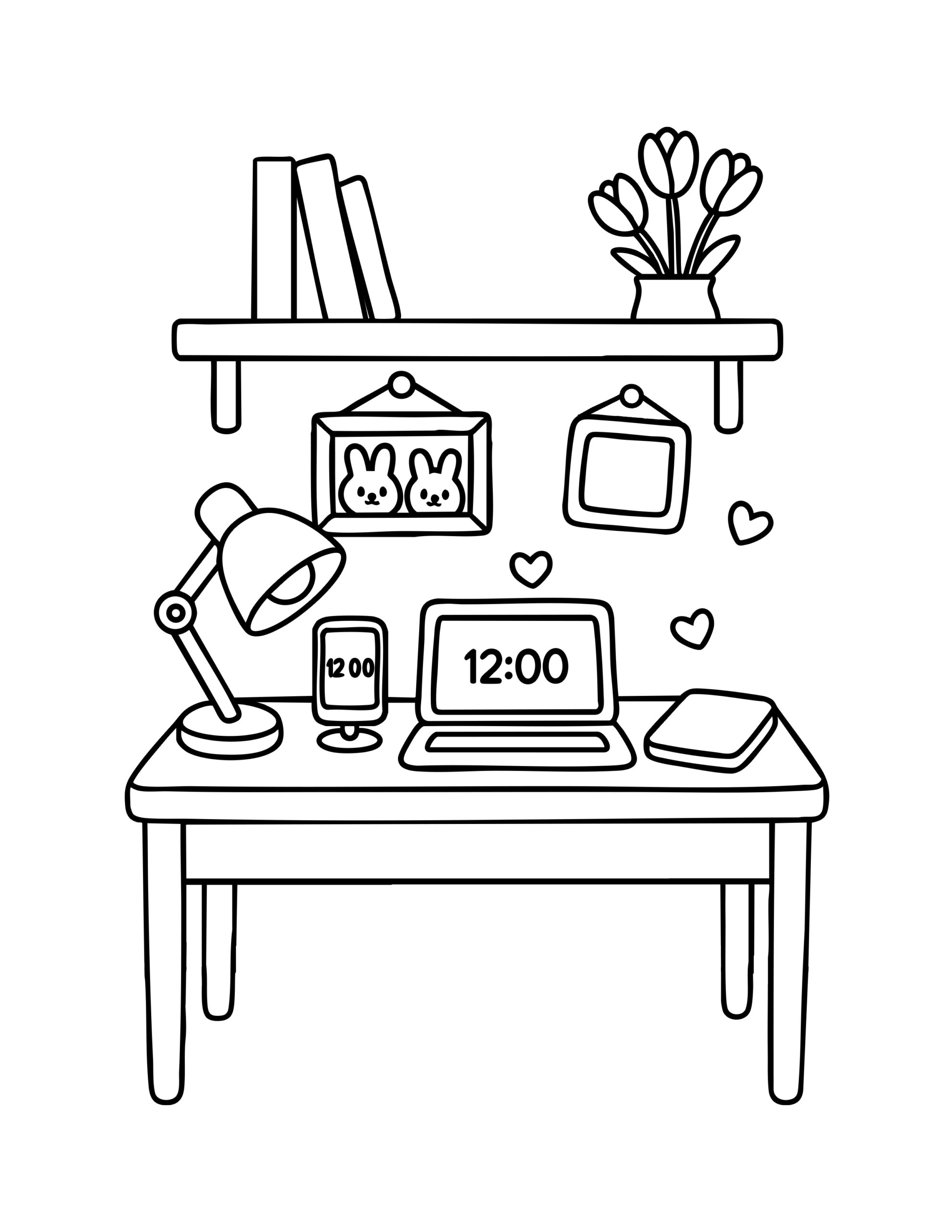 Gratis kleurplaat van een gezellig bureau met laptop, boeken, bloemen en decoratie