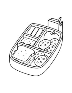 Gratis kleurplaat van een lunchbox met een broodje, koekjes, fruit en een pakje drinken