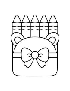 Gratis kleurplaat van een etui in de vorm van een beertje met kleurpotloden en een strik