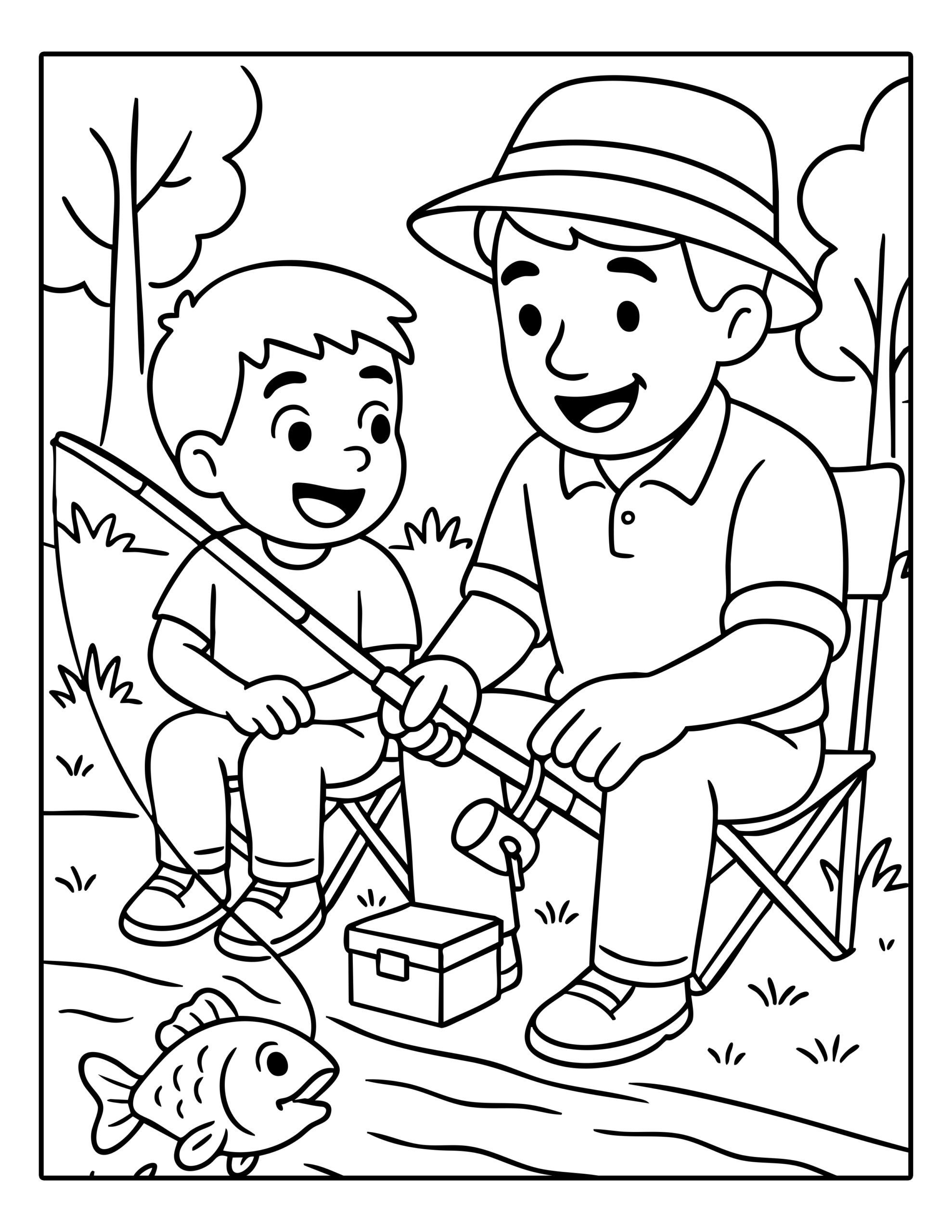 Gratis kleurplaat van een vader en zoon die samen vissen aan een rivier