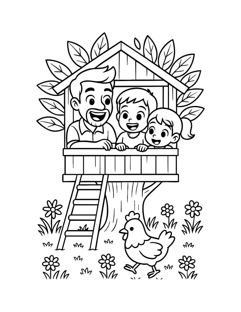 Gratis kleurplaat van een vader met twee kinderen in een boomhut met bloemen en een kip