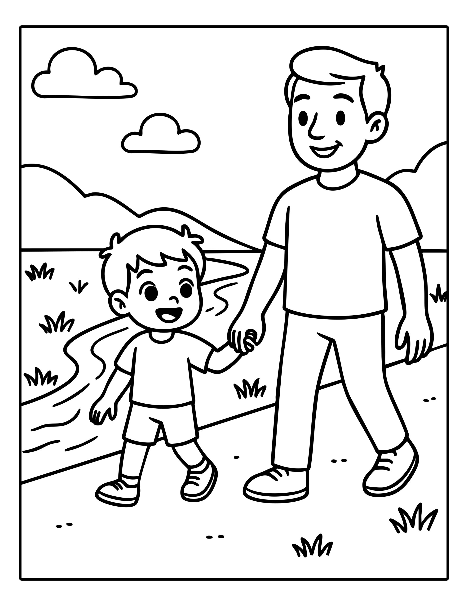 Kleurplaat van een vader en zoon die hand in hand wandelen langs een rivier in de natuur