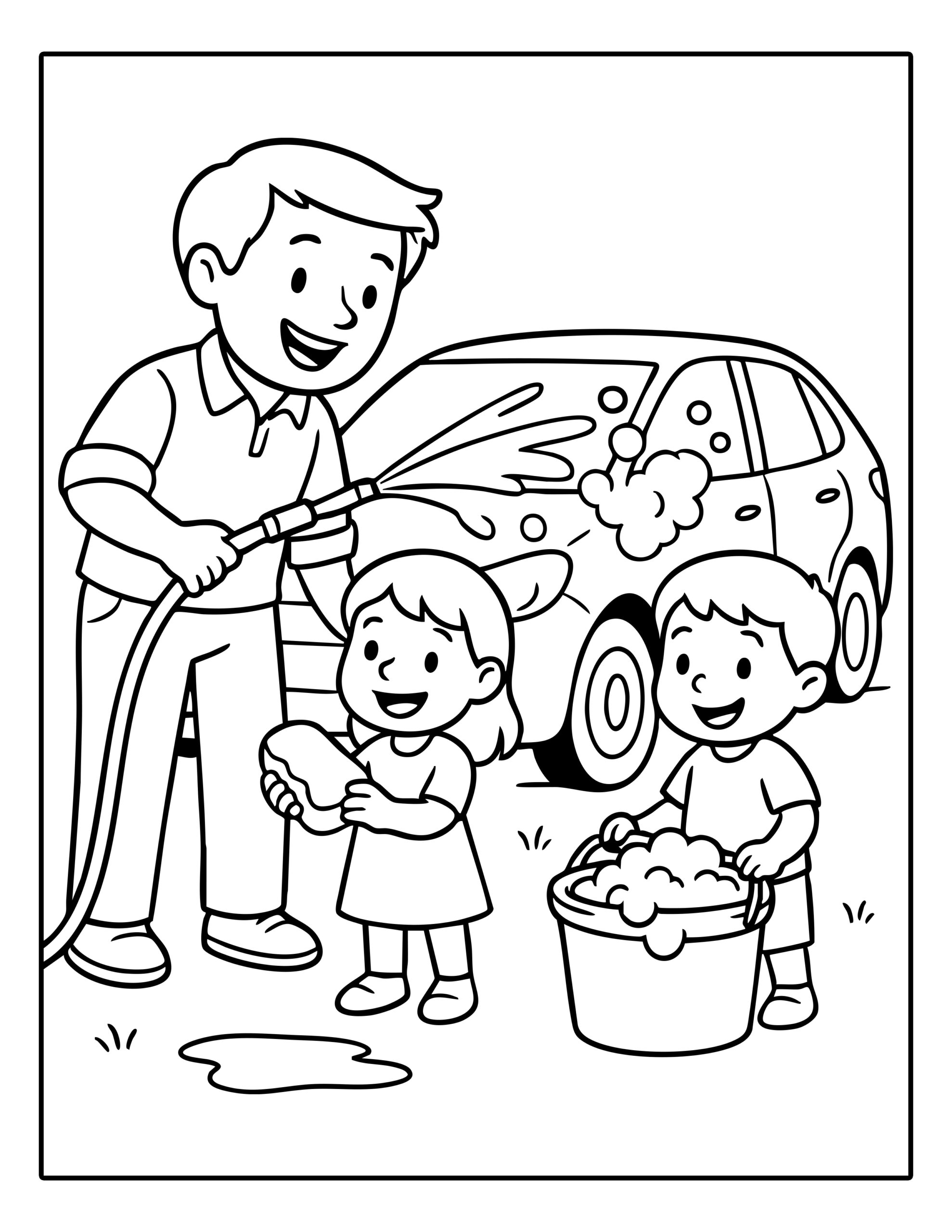 Kleurplaat van een vader en twee kinderen die samen een auto wassen met spons, emmer en tuinslang