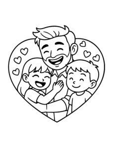 Kleurplaat van een vader die wordt geknuffeld door zijn dochter en zoon, met hartjes op de achtergrond